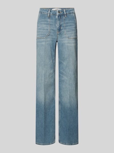 Produktfoto, blauwe rechte jeans met steekzakken, katoenmix met stretch, model 'Carie' van Someday, zicht op voorkant, maat 36.