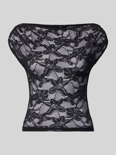 Gina Tricot Slim fit T-shirt van kant met asymmetrisch design Zwart - 2