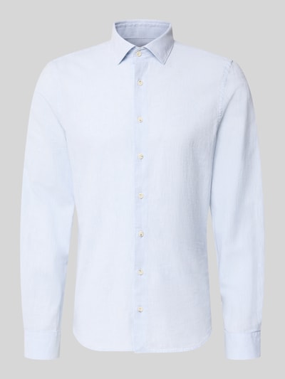 Produktfoto, Slim Fit Freizeithemd mit Leinen-Anteil von Roy Robson für Herren, hellblau, Kent-Kragen, durchgehende Knopfleiste, Langärmelig, Baumwoll-Leinen-Mix, Rückenlänge 75 cm, Schulterbreite 45 cm, Ärmellänge 68 cm.