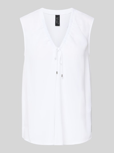 Produktfoto, Regular Fit Bluse mit Zierschleife von Marc Cain, Damen Bluse in Weiß mit V-Ausschnitt, Tunnelzug, Ärmelloses-Design, glatte Textur, Rückenlänge bei Größe 36: 62 cm