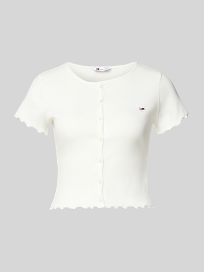 Produktfoto, Slim Fit T-Shirt aus Baumwoll-Mix von Tommy Jeans in Optik: Unifarben, Logo-Stitching, U-Boot-Ausschnitt, Ripp-Struktur, Frill-Abschlüsse.