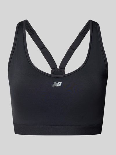 Produktfoto, Bustier mit Logo van New Balance in zwart, stretch-materiaal, aansluitende fit, racerback, glad oppervlak