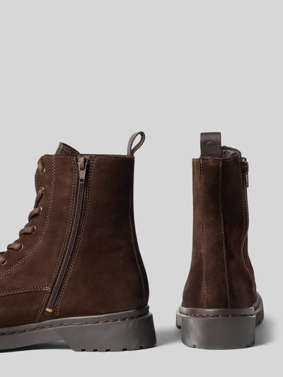 Produktfoto, Schnürstiefel aus echt leer van Tamaris in donkerbruin, grove zool, zichtbaar ritsdetail, zachte suède textuur
