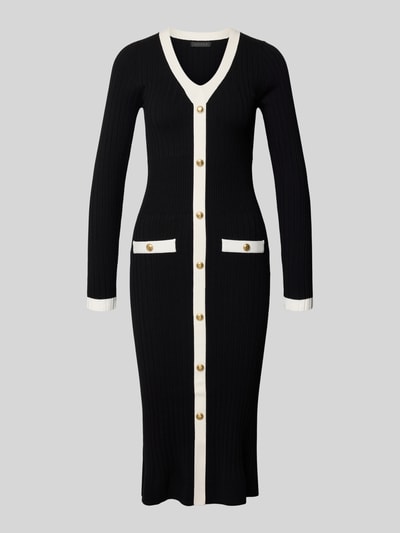 Produktfoto, Slim Fit Tricotjurk uit viscosemix Model 'Laurel' van Guess, zwart met witte accenten, knoopsluiting, opgestikte zakken.