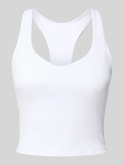 Produktfoto, weißes Slim Fit Top mit integriertem Bustier Modell 'Anywhere' von Fabletics, elastischer Material-Mix, Rundhalsausschnitt.