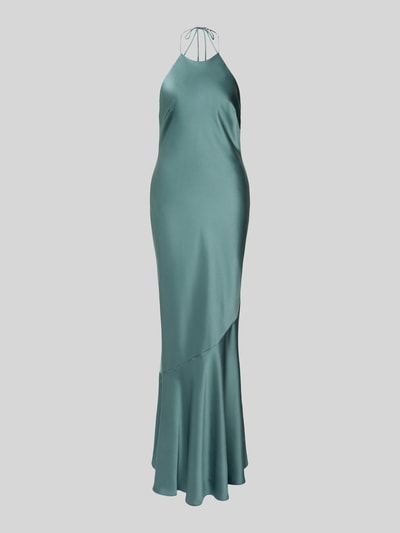 Produktfoto, Slim Fit Abendkleid mit Rückenausschnitt von Jake*s Cocktail aus glänzendem Satin in Mintgrün, mit Spaghettiträgern, figurnah geschnitten.