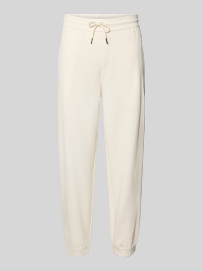 Produktfoto, Regular Fit Sweatpants mit Gesäßtaschen Modell 'Pantaloni' von ARMANI EXCHANGE aus Baumwoll-Mix in Creme, elastischer Bund mit Tunnelzug, elastische Beinabschlüsse, Reißverschluss-Eingrifftaschen, Innenbeinlänge bei Größe M: 69 cm, glatte Textur