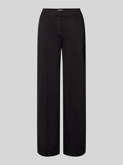 Produktfoto, schwarze Wide Leg Stoffhose mit fixierten Bügelfalten Modell 'KATE' von ICHI im Material-Mix mit Viskose-Anteil, Paspeltaschen am Gesäß.