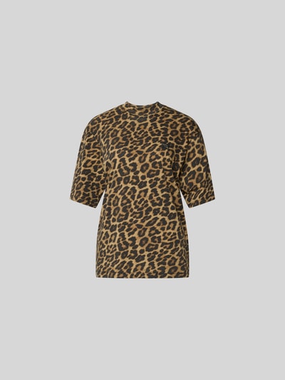 Produktfoto, T-Shirt mit Allover-Animal-Print von Anine Bing in Braun und Schwarz, reine Baumwolle, Regular-Fit, Rundhalsausschnitt, Halbarm-Design, Rückenlänge 66 cm bei Größe S
