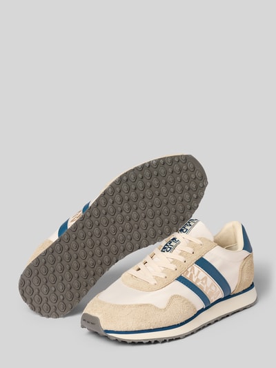 Produktfoto, Sneaker aus Leder-Textil-Mix Modell 'SHARD' von Napapijri mit abgerundeter Spitze und blauen Label-Details auf rau strukturierter Sohle, Beige-Blau, Herren Sneaker, Größe 44: Absatzhöhe 3 cm, Schafthöhe 9 cm, Schaftweite 8 cm