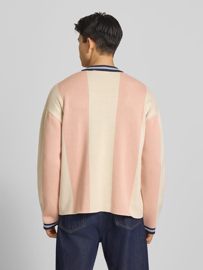 Männermodel trägt Strickpullover mit Label-Stitching Modell 'Overdrive' von PROHIBITED, beige-rosafarbene Streifen, Baumwolle, Ganzkörperansicht Rückansicht.