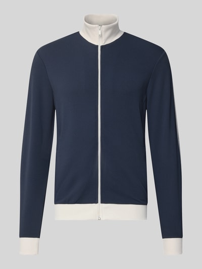 Produktfoto, Slim Fit Sweatjacke mit Strukturmuster von MCNEAL in Dunkelblau mit weißen elastischen Abschlüssen, Reißverschluss und Stehkragen, Herren Sweatjacke, elastischer Material-Mix, Eingrifftaschen