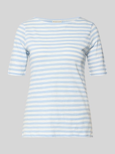 Produktfoto, Regular Fit T-Shirt aus reiner Baumwolle von Tom Tailor, Two-Tone-Optik in Hellblau und Weiß, U-Boot-Ausschnitt, Kurzarm, Damen T-Shirt