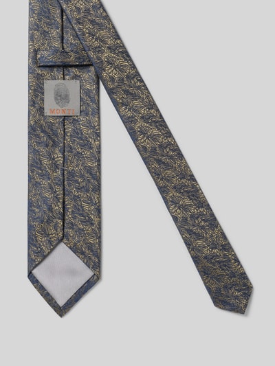 Produktfoto, Krawatte aus Seide im Allover-Look (7,5 cm) von MONTI in Blau und Gold mit klassischer Form, feiner Struktur, Label-Detail sichtbar