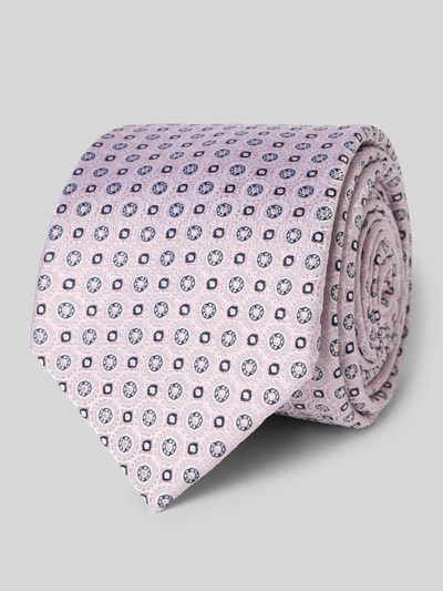 Produktfoto, Krawatte und Einstecktuch im Set aus Seide von Prince Bowtie, zartrosa mit blauen runden Mustern, glatte Textur, klassische Form.