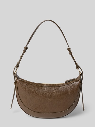 Produktfoto, Shoulder Bag mit Reißverschluss von Mango in brauner Leder-Optik mit Ziernähten, verstellbarem Schulterriemen, Hauptfach, Maße ca. 31x19x4 cm, Riemenlänge 68 cm