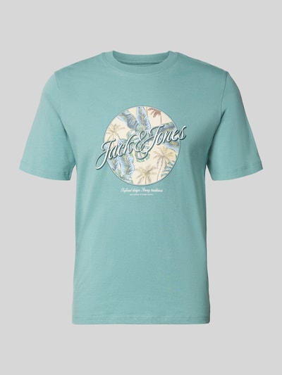 Produktfoto, T-Shirt mit Rundhalsausschnitt Modell 'HONOLULU' von Jack & Jones aus reiner Baumwolle, türkis mit Print, Regular Fit, kurze Ärmel