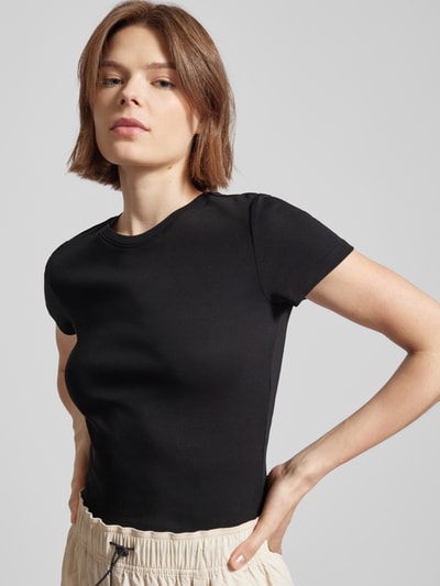 Only T-shirt z prążkowanym, okrągłym dekoltem model ‘ELINA’ Czarny 3
