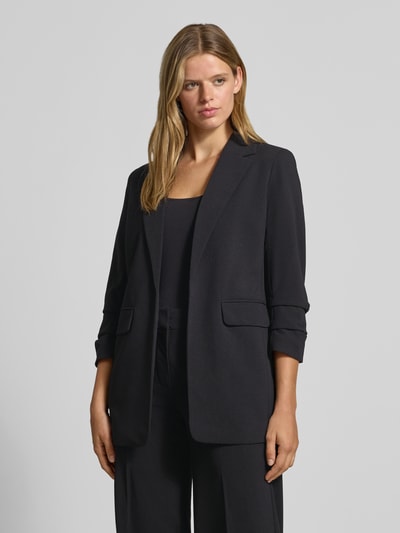 Frauenmodel trägt Regular Fit Longblazer mit 3/4-Arm Modell 'KALINA' von ONLY, dunkel, glatte Textur, Nahaufnahme Oberkörper, Damen Longblazer von ONLY