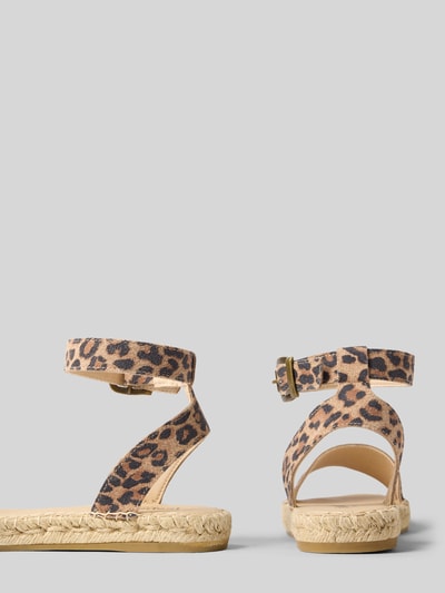 Produktfoto, Sandalette im Animal-Look Modell 'NIMES LEO' von Espadrij, Leo-Print, Abgerundete-Spitze, Dornschließe, 2 cm Absatzhöhe, 10 cm Schafthöhe und 10 cm Schaftweite, beige und braune Farben, strukturierte Bastsohle, Damen Sandalette