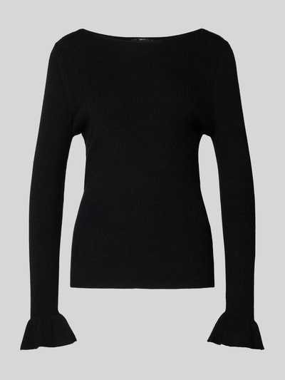 Produktfoto, zwarte Strickpullover met U-Boot-hals van Zero, viscosemix, slim fit, fijne ribtextuur, rechte mouwen, vooraanzicht.