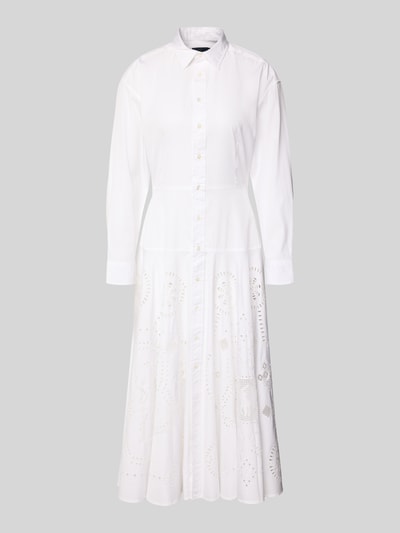 Produktfoto, Midi Hemdblusenkleid aus reiner Baumwolle von Polo Ralph Lauren in Weiß, Optik: Unifarben, Lochspitze, einreihige Knopfleiste