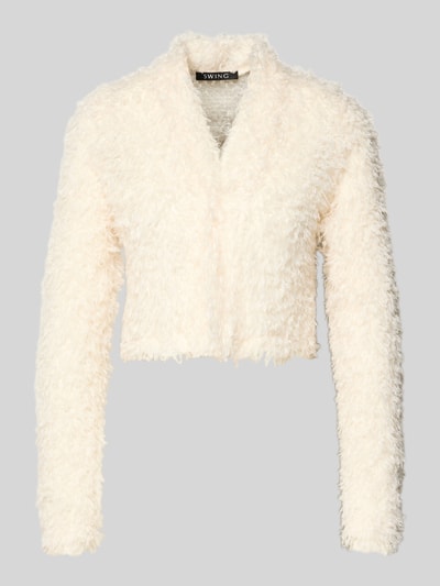 Produktfoto, Cropped Jacke aus Effektgarn mit V-Ausschnitt von SWING in Creme, Slim Fit, strukturierte Oberfläche, Rückenlänge 46 cm.