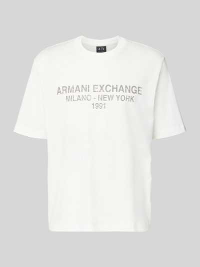 Produktfoto, T-Shirt mit Label-Print und Rundhalsausschnitt von Armani Exchange, weiß, reine Baumwolle, Relaxed Fit, glatte Textur
