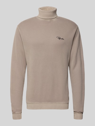 Produktfoto, beżowy Sweter z golfem w efekcie prążkowania z wyhaftowanym logo, bawełna, krój relaxed fit, Pegador, długość tyłu 70 cm, długość rękawa 70 cm