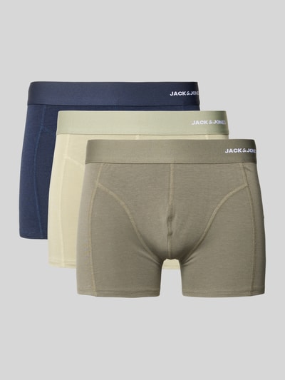 Produktfoto, Trunks aus Viskose-Baumwoll-Mix Modell 'GABRIEL' im 3er-Pack von JACK & JONES, körpernahe Passform, Label-Detail am Bund, verschiedene dezente Farben, glatte Textur