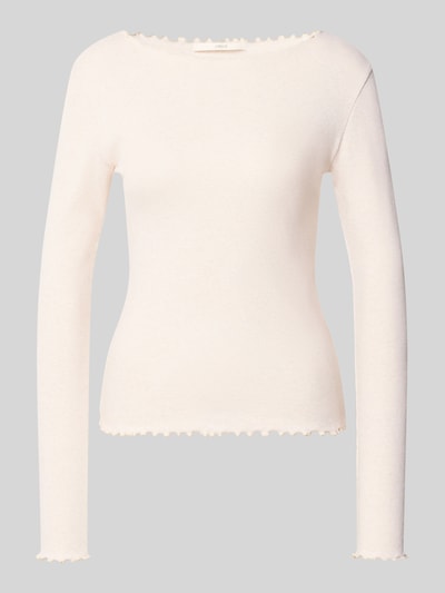 Produktfoto, Slim Fit Longsleeve aus Baumwoll-Mix von Lanius, Damen Longsleeve in Creme mit U-Boot-Ausschnitt und Rüschsaum, elastische Textur