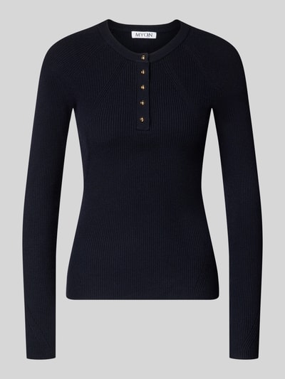 Produktfoto, Slim Fit Longsleeve aus Strick-Optik von MYON w kolorze czarnym, imitacja dzianiny, krój slim fit, listwa guzikowa, okrągły dekolt, długość tyłu w rozmiarze 36: 60 cm, długość rękawów w rozmiarze 36: 66 cm