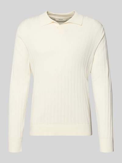 Produktfoto, Loose Fit Poloshirt aus reiner Baumwolle Modell 'TORINO' von SELECTED HOMME, kolor jednolity, krój loose fit, naszywka z logo, kołnierz polo, dekolt w serek, długie rękawy z prążkowanymi mankietami, wyraźna struktura prążków, miękka faktura, materiał: czysta bawełna