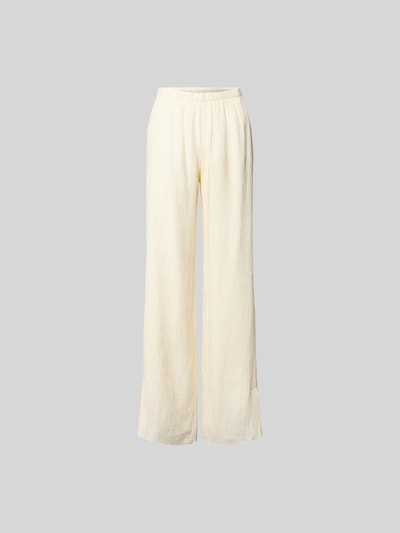 Produktfoto, Stoffhose aus Viskose-Mix von Anine Bing in Creme mit Crinkle-Optik, lockerem Schnitt, elastischem Bund, Wide Leg, Innenbeinlänge 83 cm, Bundweite 35 cm.