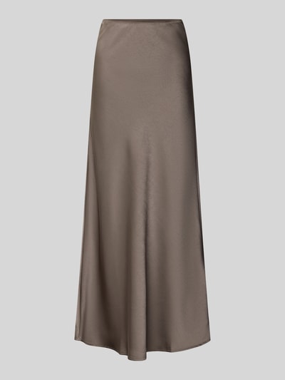 Produktfoto, Maxirock aus Satin Modell 'Vicky' von Neo Noir in glänzendem Braun, körpernahe Passform, elastischer Bund, glatte Oberfläche.