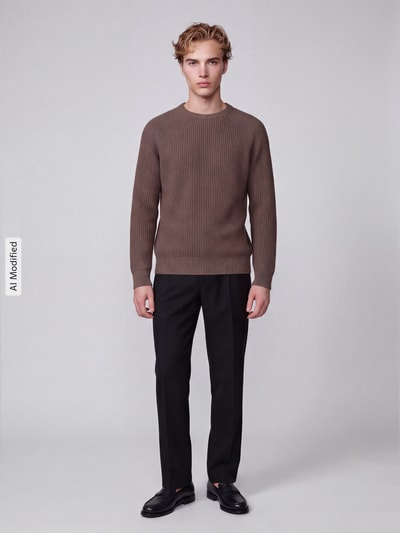 Männermodel trägt Regular Fit Pullover aus reiner Baumwolle Modell 'BRAUN' von Selected, Herren Pullover, braun, schwarze Hose, Ganzkörperansicht von vorne, KI-modifiziertes Bild.