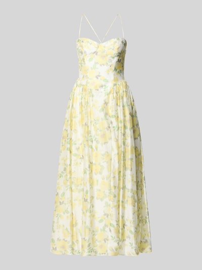 Productfoto, avondjurk met bloemenprint in geel en groen op wit, A-lijn, maxi-jurk, lyocellmix, model 'ESTIE' van Bardot