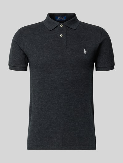 Produktfoto, Slim Fit Poloshirt aus reiner Baumwolle von Polo Ralph Lauren, Optik: Unifarben, Logo-Stitching, Polokragen, 2-Knopf-Verschluss, Kurzarm, geschlitzter Rumpfabschluss, Materialverarbeitung: Piqué, Farbe Anthrazit.