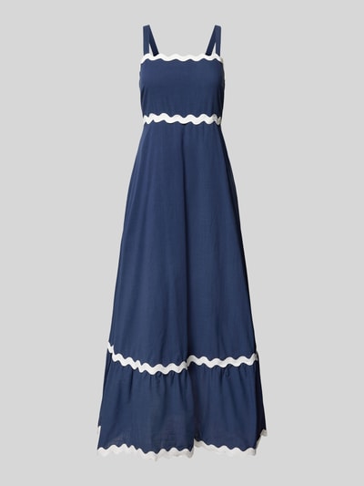 Produktfoto, Midikleid mit Karree-Ausschnitt und Wellensaum von Apricot aus Reine Baumwolle, Taillierter Schnitt, dunkelblau mit weißen Wellen, gestufter Saum, breite, verstellbare Träger, Haken-Reißverschluss und Smok-Detail rückseitig, Rückenlänge bei Größe S: 110 cm, Brustweite bei Größe S: 41 cm, Textur leicht strukturiert