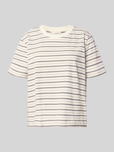 Produktfoto, Boxy Fit T-Shirt aus reiner Baumwolle Modell 'ESSENTIAL' von Selected, Damen T-Shirt, creme mit feinen, dunklen Streifen, glatte Textur.