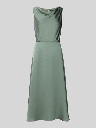 Produktfoto, 'Cocktailkleid in Midilänge mit Wasserfall-Ausschnitt' von Swing w zielonym odcieniu, strukturalny wzór, krój slim fit, długość midi, nieprzezroczysta halka, szerokość w rozmiarze 36: 48 cm, długość tyłu w rozmiarze 36: 120 cm, zapięcie na zamek i dziurka z tyłu.