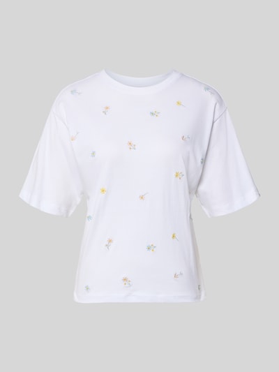 Produktfoto, t-shirt mit 1/2-arm von Jake*s Casual, damski t-shirt z bawełny, luźny krój, okrągły dekolt, długość tyłu w rozmiarze S: 55 cm, biały z haftowanym wzorem kwiatowym