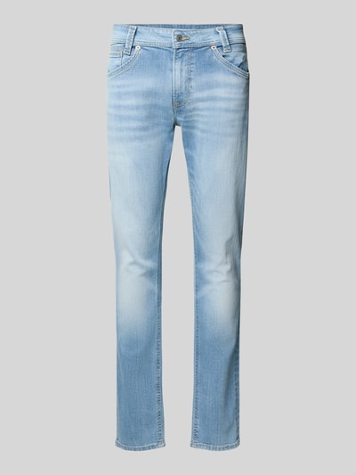 Produktfoto, Slim Taper Jeans aus Baumwoll-Mix Modell 'SPIKE' von Pepe Jeans, Optik: Unifarben, Passform: Slim Taper, 5-Pocket-Design, Denim, hellblaue Farbe, leicht strukturierte Oberfläche, Label-Stitching, Label-Patch, Knopf und verdeckter Reißverschluss, Gürtelschlaufen, Materialverarbeitung: Baumwoll-Mix.