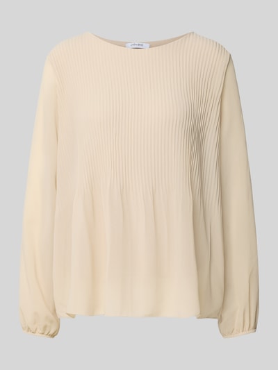 Produktfoto, cremefarbene Bluse mit Plisseefalten Modell 'Ev44a' von ZABAIONE aus Chiffon, U-Boot-Ausschnitt, elastische Ärmelabschlüsse, Straight Fit