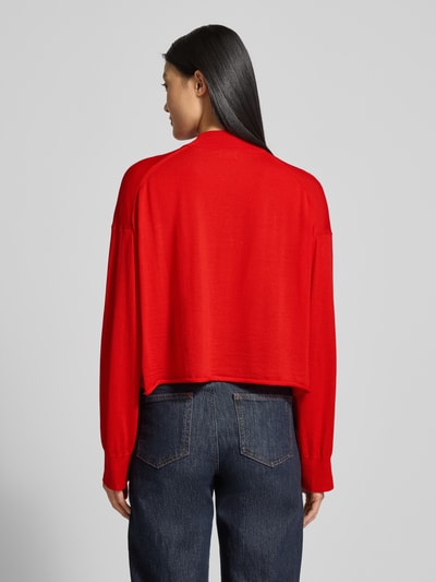 Vrouwenmodel draagt Oversized Strickpullover mit Stehkragen Modell 'MATHISA' van Drykorn, pure scheerwol, rood, geribde boorden, achteraanzicht.