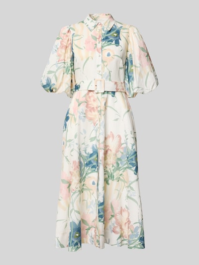 Produktfoto, Midikleid aus Leinen-Mix mit floralem Allover-Print von Ted Baker in Creme mit rosa, blauen und grünen Farbakzenten, Taillierte Passform, Taillenweite durch abnehmbaren Stoffgürtel, Umlegekragen, Halbarm, durchgängige Knopfleiste, Rückenlänge bei Größe 36: 118 cm, Brustweite: 43 cm, Ärmellänge: 38 cm, Leinen-Baumwoll-Anteil, floraler Allover-Print
