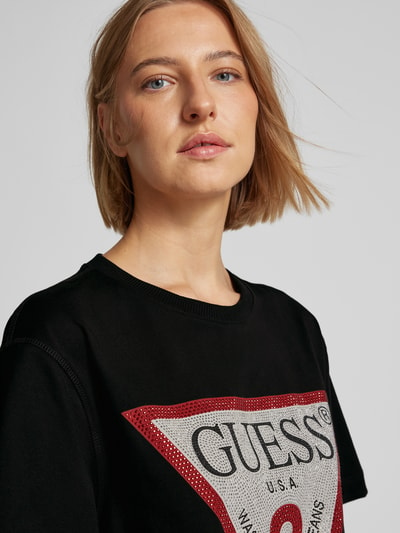 Guess T-shirt z obszyciem kamieniami stras model ‘SHINY TRIANGLE’ Czarny 3