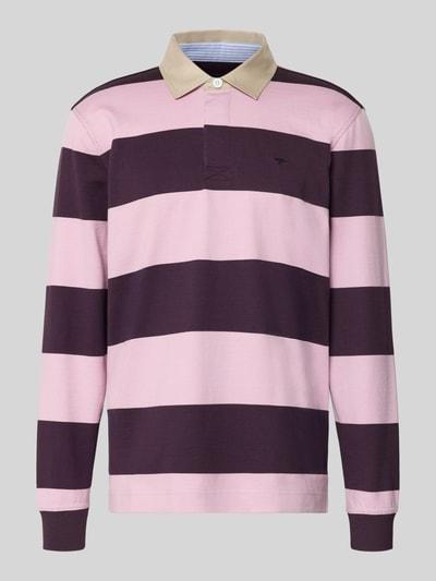 Produktfoto, Regular Fit Poloshirt mit Streifenmuster und Label-Stitching von Fynch-Hatton in Rosa und Dunkelviolett, reine Baumwolle, Polokragen, Knopfverschluss, Longsleeve, Herrenmode