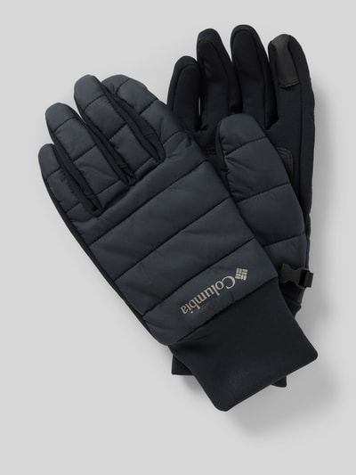 Produktfoto, czarne rękawiczki z pikowaniem Columbia Handschuhe mit Steppnähten Modell 'Powder Lite™', elastyczne prążkowane ściągacze, wzmocnione palce wskazujące, nadruk z logo, możliwość łączenia zamknięciem na klamrę