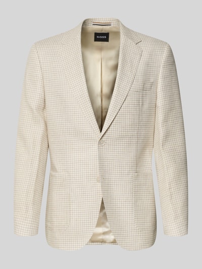 Produktfoto, Regular Fit Sakko aus Leinen-Mix mit Seide-Anteil Modell 'H-JANSON-FL-261' von BOSS in Beige mit Hahnentritt-Muster, Reverskragen, 2-Knopf-Verschluss, Kissing-Buttons, Brustleistentasche, aufgesetzte Eingrifftaschen und Innentasche, Optik:Allover-Muster, glatte Textur, Longline-Länge.